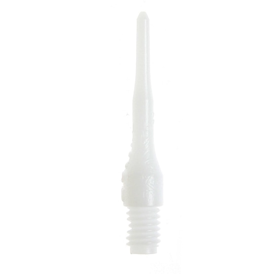 Evo-Long-Spitze-Weiss Das Bild zeigt eine einzelne weiße Kunststoffspitze mit Gewinde. Es handelt sich um das Produkt "Evolution LONG-Spitzen (500er Pack)".