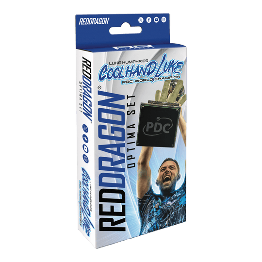 Red Dragon Luke Humphries Optima Accessory Pack Die Verpackung zeigt das Produkt "Red Dragon Luke Humphries Optima Zubehör Pack". Auf der Vorderseite ist ein jubelnder Luke Humphries und ein Pokal abgebildet.