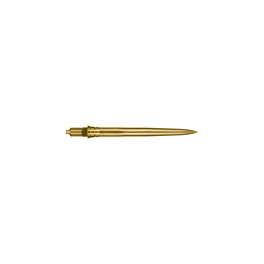 Abgebildet sind goldene Dartspitzen mit einer Länge von 28mm. Sie gehören wahrscheinlich zur Serie Caliburn EZ-EVO Smooth.