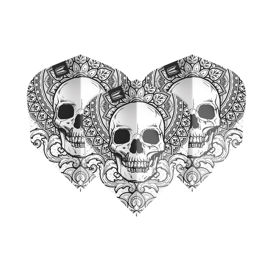 Das Bild zeigt drei Dart Flights des Modells "Target ProUltra Ink Grey No6". Sie sind mit einem detaillierten Totenkopf-Muster und ornamentalen Verzierungen in Schwarz-Weiß gestaltet.