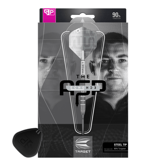 Target Nathan Aspinall X Echo Swiss Point steel darts Die Verpackung zeigt die Target Nathan Aspinall X Echo Swiss Point Steeldarts. Auf der Vorderseite sind ein Dartpfeil und das Porträt eines Mannes zu sehen.