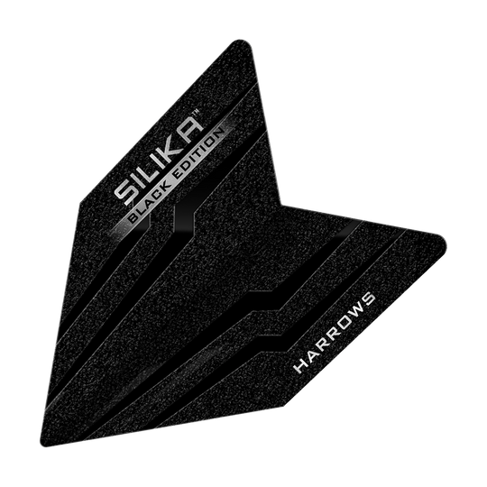 Harrows Silika Black Edition Velos Flights Das Bild zeigt ein schwarzes Dartflight mit dem Namen "Harrows Silika Black-Edition Velos Flights". Auf dem Flight stehen die Wörter "SILIKA BLACK EDITION" und "HARROWS" in weißen Buchstaben.