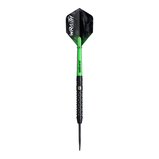 Unicorn Wraith steel darts Das Bild zeigt einen Steeldart namens "Unicorn Wraith". Der Dart hat einen grünen Schaft, einen schwarzen Griff und eine schwarze Flight mit der weißen Aufschrift „WRAITH“.