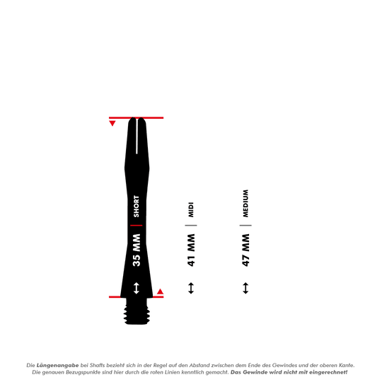 Das Bild zeigt drei verschiedene Längen der Harrows Keramic Shafts - White: 35 mm (Short), 41 mm (Midi) und 47 mm (Medium). Die Längenangaben beziehen sich auf den Abstand zwischen dem Ende des Gewindes und der oberen Kante.