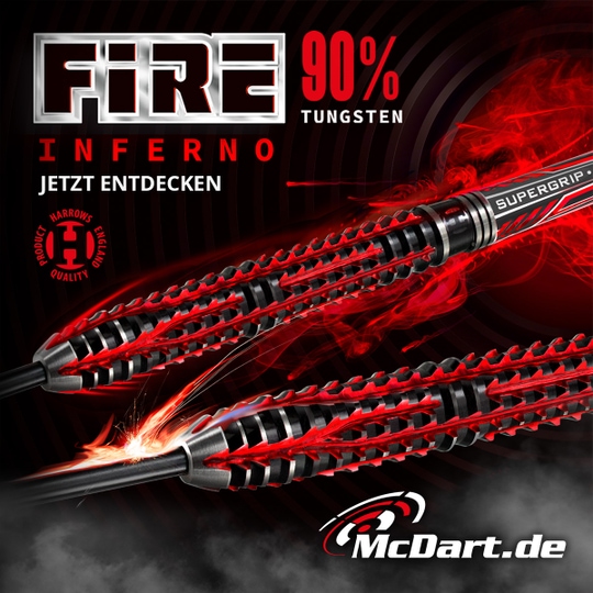 HA26999_Harrows_Fire_Inferno_Steeldarts_6_admedia Das Bild zeigt die Harrows Fire Inferno Steeldarts mit auffälligem, rot-schwarzem Design. Sie bestehen zu 90 % aus Tungsten und werden von McDart.de beworben.
