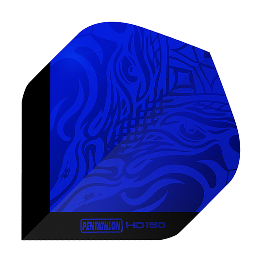 Pentathlon HD150 Metallic Blue Standard Flights Das Bild zeigt ein Dartflight in metallisch blau mit künstlerischem Muster. Unten steht der Schriftzug „PENTATHLON HD150“.