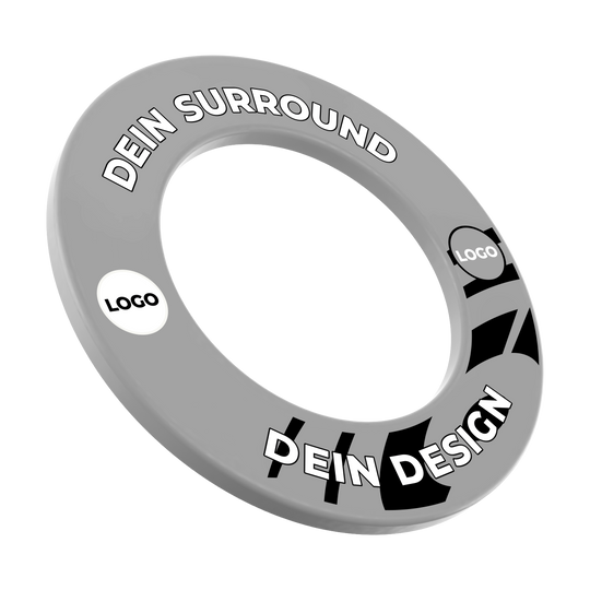 Dartboard surround with your design Ein Dartboard-Surround in Grau ist abgebildet. Es ist mit individuellem Druck versehen.