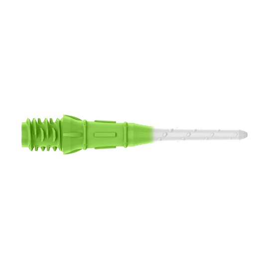 L-Style Premium Two Tone Lippoints (Pack of 30) Das Bild zeigt eine zweifarbige Dartspitze, die grün und weiß ist. Der hintere Teil ist grün und der vordere Teil ist weiß.
