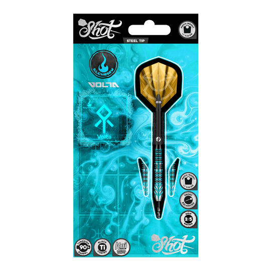 Shot Alchemy Volta steel darts Gezeigt werden die Shot Alchemy Volta Steeldarts. Das Produkt ist zum Spielen auf Steeldart-Scheiben geeignet.