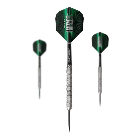Dieses Bild präsentiert ein Set Harrows Impact Steeldarts. Das Set umfasst mehrere Darts für Steeldartspiele.