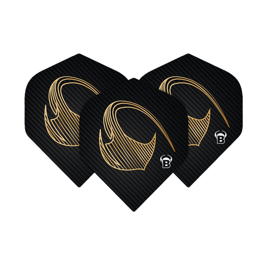 Das Bild zeigt drei schwarze Dart-Flights mit einem goldenen Muster und dem Buchstaben "B" in der Ecke. Es handelt sich um die Bulls Metrixx Stingray No2 Standard Flights.