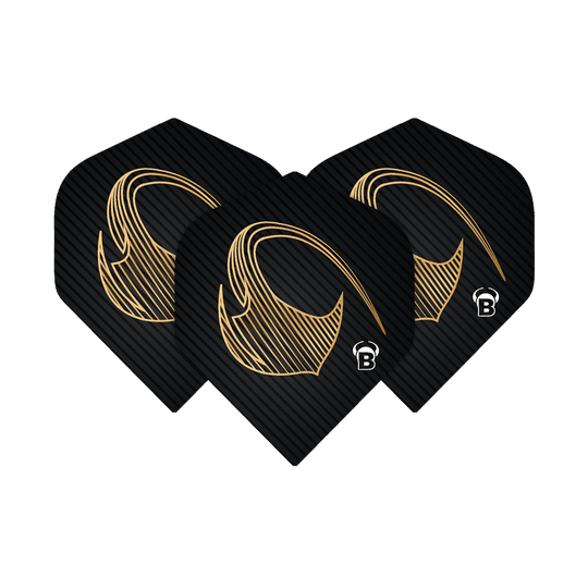 Bulls Metrixx Stingray No2 Standard Flights Das Bild zeigt drei schwarze Dart-Flights mit einem goldenen Muster und dem Buchstaben "B" in der Ecke. Es handelt sich um die Bulls Metrixx Stingray No2 Standard Flights.