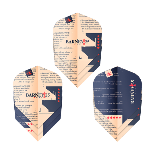 Target ProUltra Raymond Van Barneveld Barney25 No6 Flights Das Bild zeigt drei Dart-Flights des Produkts "Target ProUltra Raymond Van Barneveld Barney25 No6". Die Flights sind in Dunkelblau und Beige gestaltet und mit Text, Sternen sowie der Aufschrift "BARNEY25" verziert.