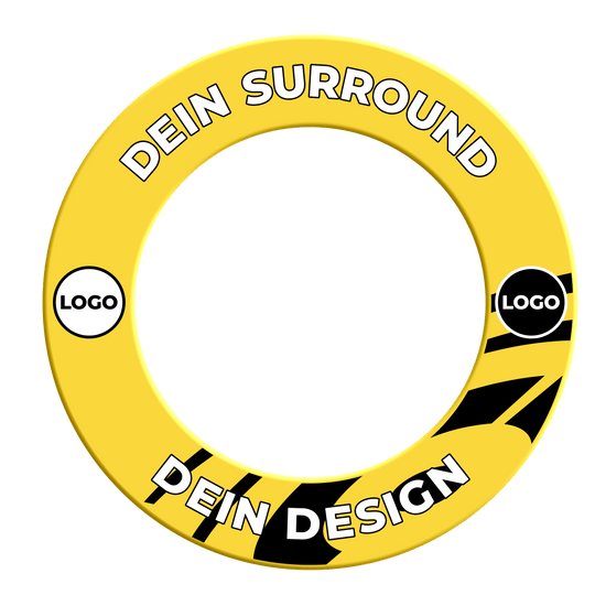 Dartboard surround with your design Das Bild zeigt ein Produkt namens MSF-Gelb_Dartboard_Surround_Wunschdruck_Gelb_2. Es handelt sich um einen gelben Dartboard-Surround mit individuellem Druck.