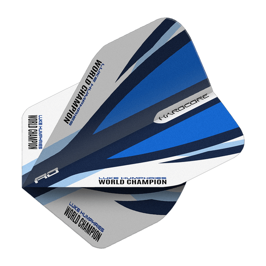 Red Dragon Hardcore Luke Humphries Blue White Standard Flights Das Bild zeigt die Red Dragon Hardcore Luke Humphries Blue White Standard Flights. Die Dartflights haben ein blau-weißes Design und den Aufdruck "Luke Humphries World Champion".