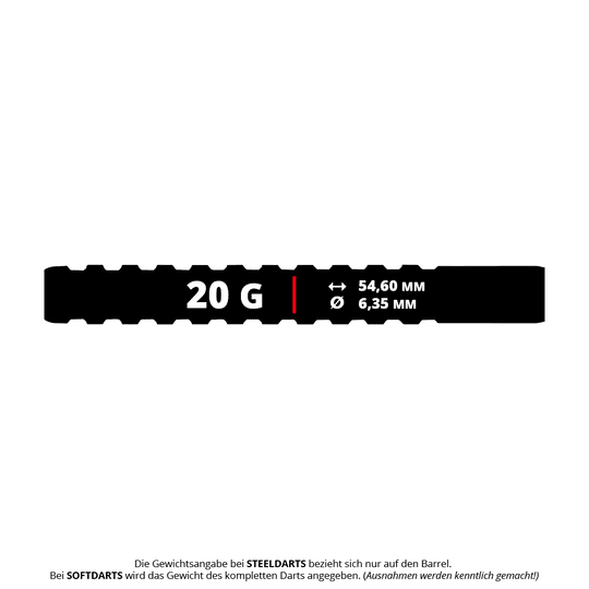 Das Bild zeigt die Maße und das Gewicht des Produkts "Red Dragon Javelin Speedline Softdarts - 20g". Der Dart wiegt 20 Gramm, ist 54,60 mm lang und hat einen Durchmesser von 6,35 mm.