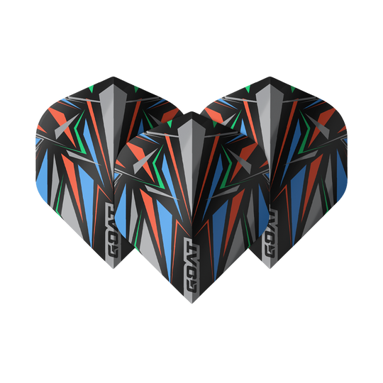 GOAT Athlete Black No2 Standard Flights Das Bild zeigt drei GOAT Athlete Black No2 Standard Flights mit einem auffälligen, bunten geometrischen Muster. Die Flights sind überwiegend in Schwarz gehalten und haben rote, blaue, grüne und graue Akzente.