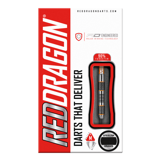 Red Dragon Amberjack 5 steel darts - 24g Die Abbildung zeigt die Verpackung der "Red Dragon Amberjack 5 Steeldarts - 24g". Auf der Packung sind ein sichtbarer Dartpfeil und die Aufschrift "Darts That Deliver" zu sehen.