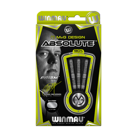 2431_Winmau_Michael_Van_Gerwen_MvG_Absolute_Softdarts_3167WUWAbL6F83 Auf dem Bild ist die Verpackung der "Winmau Michael Van Gerwen MvG Absolute Softdarts" zu sehen. Die Packung ist schwarz-grün gestaltet und zeigt drei Softdarts sowie ein Porträt von Michael Van Gerwen.