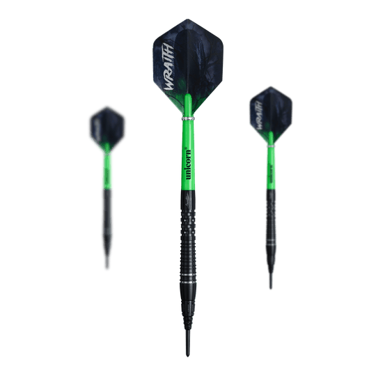 Das Bild zeigt ein Set der Unicorn Wraith Gary Anderson Phase 6 Softdarts mit 20g Gewicht. Das Set ist vollständig abgebildet.