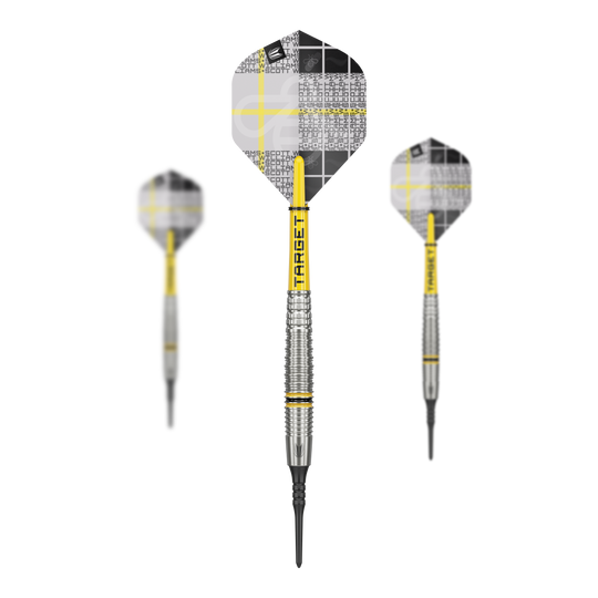 Das Bild zeigt drei Softdarts des Modells "Target Scott Williams GEN2" mit einem Gewicht von 18g. Die Darts haben gelb-silberne Schächte und moderne Flights mit einem schwarz-weißen Muster.