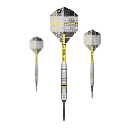 Target Scott Williams GEN2 soft darts - 18g Das Bild zeigt drei Softdarts des Modells "Target Scott Williams GEN2" mit einem Gewicht von 18g. Die Darts haben gelb-silberne Schächte und moderne Flights mit einem schwarz-weißen Muster.