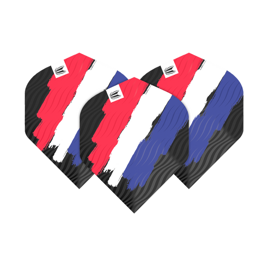 Das Bild zeigt drei Dartflights mit einem Design in den Farben Rot, Weiß und Blau. Die Flights haben ein stilisiertes Muster, das an die niederländische Flagge erinnert.