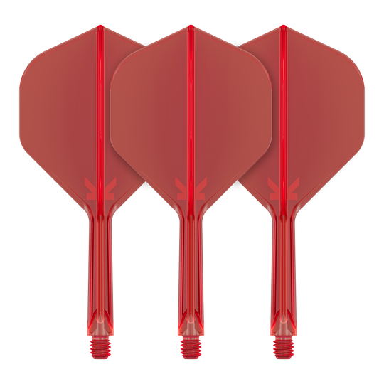 Target K-Flex No2 Standard Flight System - Red Auf dem Bild sind drei rote Dartflights mit integrierten Schäften zu sehen. Sie stehen nebeneinander in einer aufrechten Position.
