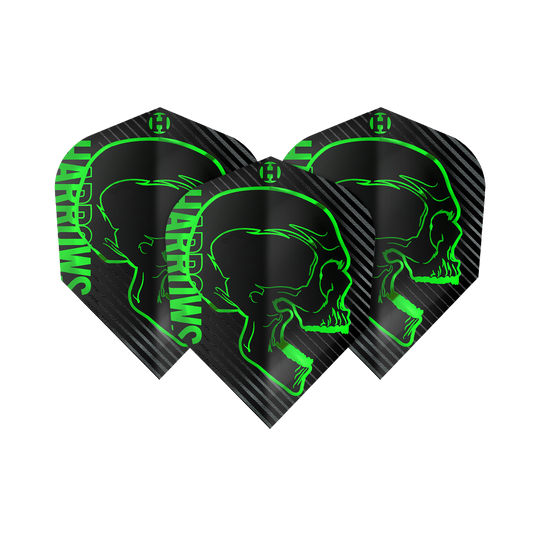 Harrows Rage Green No6 Flights Das Bild zeigt drei schwarze Dart-Flights mit einem grünen Totenkopf-Design und dem Schriftzug "Harrows". Die Flights sind das Modell "Harrows Rage Green No6".