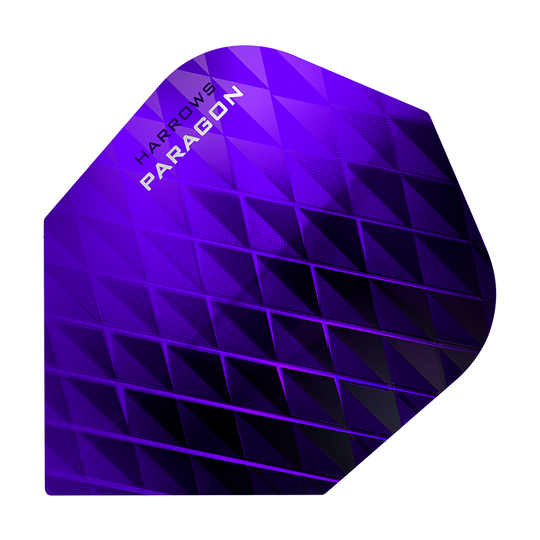 HR7603_Harrows_Paragon_Purple_No2_Standard_Flights_1 Das Bild zeigt ein Harrows Paragon Purple No2 Standard Flight für Dartpfeile. Das Flight ist in einem auffälligen lila Farbton mit geometrischem Muster gestaltet.