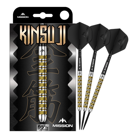Zu sehen ist ein Satz Mission Kinsuji Steeldarts. Die Dartpfeile sind vollständig dargestellt.
