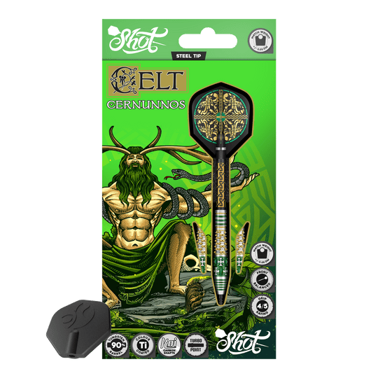 Shot Celt Cernunnos Turbo Point Steeldarts Dartpfeile mit ungewöhnlicher Schaftstruktur liegen nebeneinander. Das Bild zeigt sie aus seitlicher Perspektive.