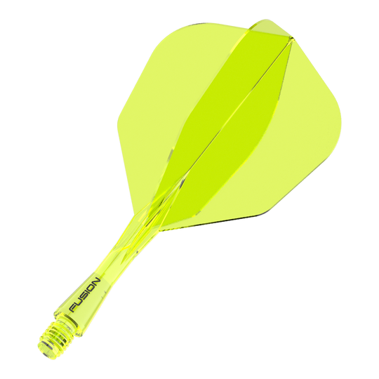 Das Bild zeigt ein neon-gelbes Dartflight- und Shafts-System. Auf dem Schaft steht das Wort "FUSION".