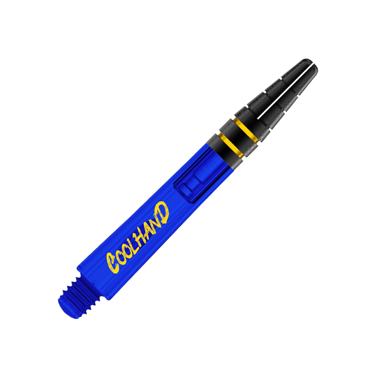 Red Dragon Nitrotech Luke Humphries Coolhand Shafts - Blue Das Bild zeigt einen blauen Dart-Schaft mit der Aufschrift "COOLHAND" in gelber Schrift. Der Schaft hat am oberen Ende schwarze und gelbe Akzente.
