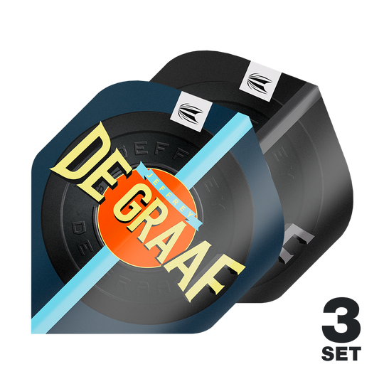 Das Bild zeigt drei Sets der Target Pro Ultra Jeffrey De Graaf GEN1 No2 Standard Flights. Auf den Flights ist der Name "DE GRAAF" in großen Buchstaben zu sehen.