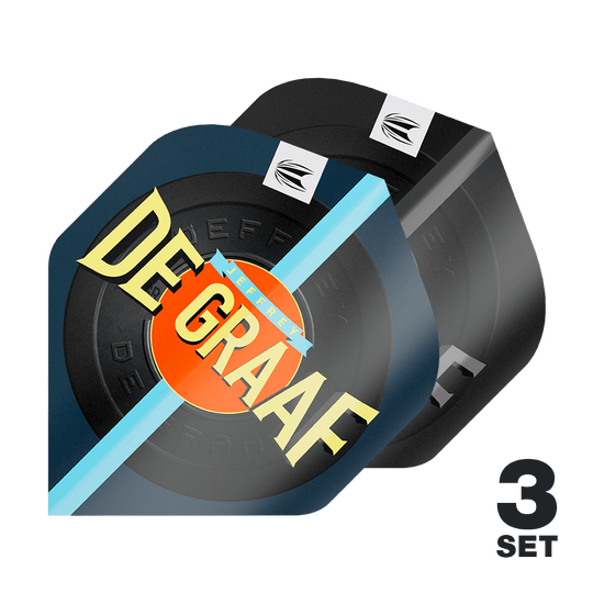Target Pro Ultra Jeffrey De Graaf GEN1 No2 Standard Flights - 3 sets Das Bild zeigt drei Sets der Target Pro Ultra Jeffrey De Graaf GEN1 No2 Standard Flights. Auf den Flights ist der Name "DE GRAAF" in großen Buchstaben zu sehen.