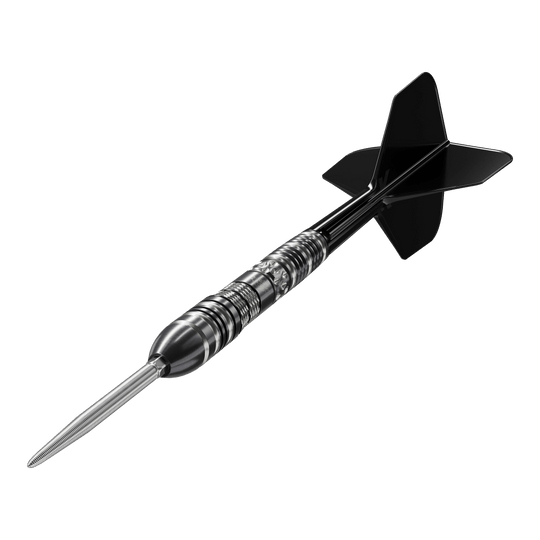 Das Bild zeigt einen Target Black Marque Dragon 3 Swiss Point Steeldart. Der Dart ist schwarz-silber und hat eine scharfe Stahlspitze sowie schwarze Flügel.