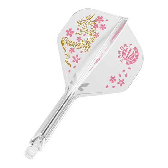 Target Japan K-Flex Smash No2 Standard Flight-Shaft-System Das Bild zeigt das Produkt "Target Japan K-Flex Smash No2 Standard Flight-Shaft-System". Es ist durchsichtig mit rosa Kirschblüten und einem goldenen Drachen verziert.