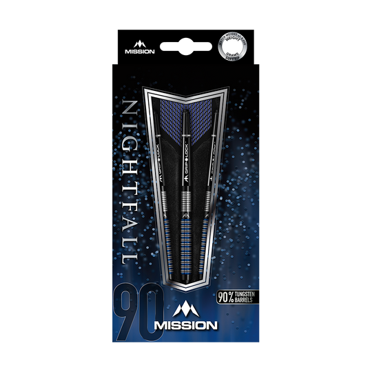 Mission Nightfall Model 1 soft darts Das Bild zeigt die Verpackung der "Mission Nightfall Model 1 Softdarts". Die Darts bestehen zu 90 % aus Tungsten und sind auf einem dunkelblauen Hintergrund präsentiert.