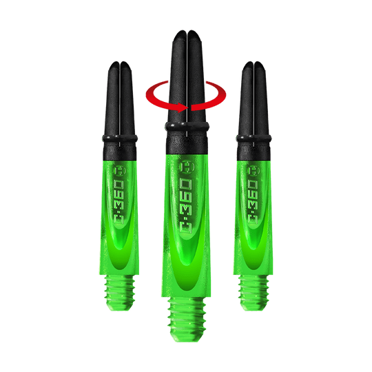 HR452_Harrows_Carbon_360_Shafts_Gr-n_35mm_1-_Symbol Auf dem Bild sind drei grüne Harrows Carbon 360 Shafts zu sehen. Sie sind für Dartpfeile und haben schwarze Oberteile.