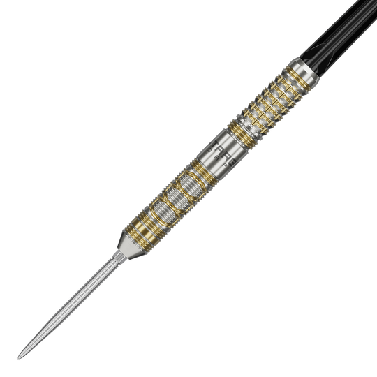 Das Bild zeigt einen eleganten Steeldart mit silbernen und goldenen Akzenten. Es handelt sich um das Produkt "Target Japan Black Marque Reyn GEN2 Steeldarts".