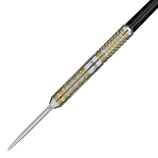 Target Japan Black Marque Reyn GEN2 steel darts Das Bild zeigt einen eleganten Steeldart mit silbernen und goldenen Akzenten. Es handelt sich um das Produkt "Target Japan Black Marque Reyn GEN2 Steeldarts".
