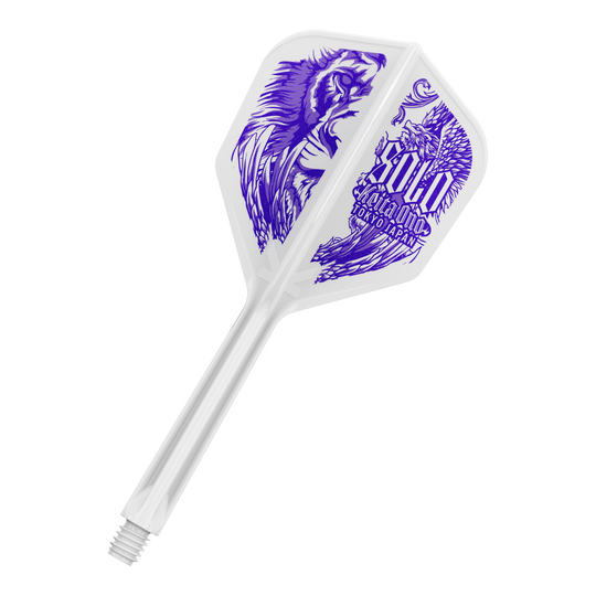 Target Japan K-Flex Keita Ono Solo No6 Flight-Shaft-System Das Bild zeigt das Produkt "Target Japan K-Flex Keita Ono Solo No6 Flight-Shaft-System". Es hat ein weißes Design mit lila Grafiken und Schriftzügen.