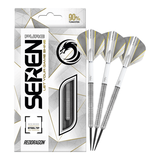 Red Dragon Seren 1 Pure Steeldarts Auf dem Bild sind die Red Dragon Seren 1 Pure Steeldarts und ihre Verpackung zu sehen. Die Darts bestehen zu 90 % aus Tungsten und haben ein elegantes, silbernes Design.