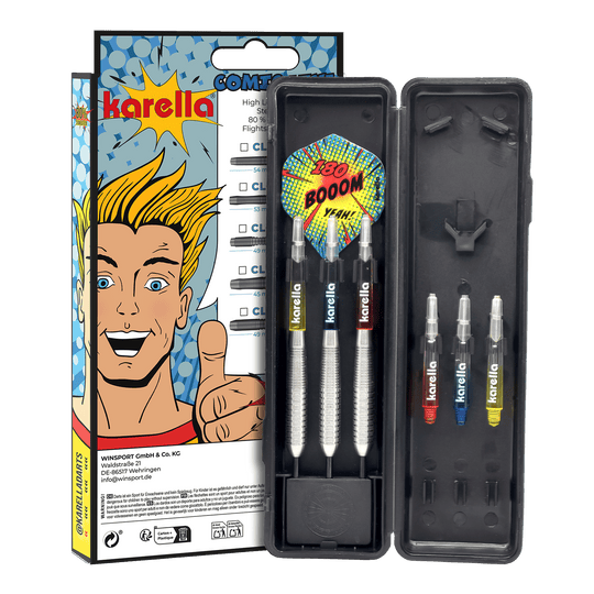 Karella Comic Line CL-4 steel darts - 23g Abgebildet sind die Karella Comic Line CL-4 Steeldarts - 23g. Die Darts haben ein modernes Design und eine spezielle Gewichtsverteilung.