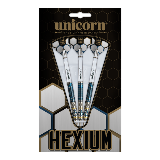 Unicorn Hexium Style 02 Blue & Gold Steeldarts Das Bild zeigt die Unicorn Hexium Style 02 Blue & Gold Steeldarts. Die Darts sind in Blau und Gold designt.