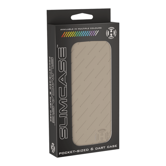 Harrows Slimcase Dart Case Die Abbildung zeigt eine Harrows Slimcase Darttasche in Steingrau, verpackt in einer schwarzen Box. Die Tasche ist für sechs Darts geeignet und passt in die Hosentasche.