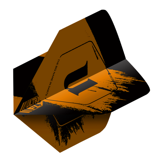 Unicorn Ultrafly 100 Team Unicorn Big Wing Flights - Orange Das Bild zeigt ein orangefarbenes Dart-Flight mit schwarzem Muster und dem Schriftzug „ULTRAFLY“. Das Produkt ist das „Unicorn Ultrafly 100 Team Unicorn Big Wing Flights – Orange“.