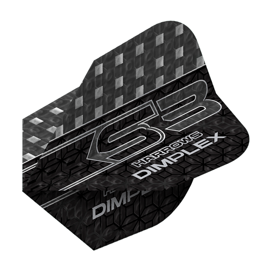 Das Bild zeigt ein Dart-Flügel mit dem Namen "Harrows Dimplex S3 Flights - Smokey". Das Design ist überwiegend schwarz mit silbernen Mustern und Schriftzügen.