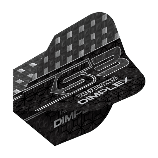 Harrows Dimplex S3 Flights - Smokey Das Bild zeigt ein Dart-Flügel mit dem Namen "Harrows Dimplex S3 Flights - Smokey". Das Design ist überwiegend schwarz mit silbernen Mustern und Schriftzügen.